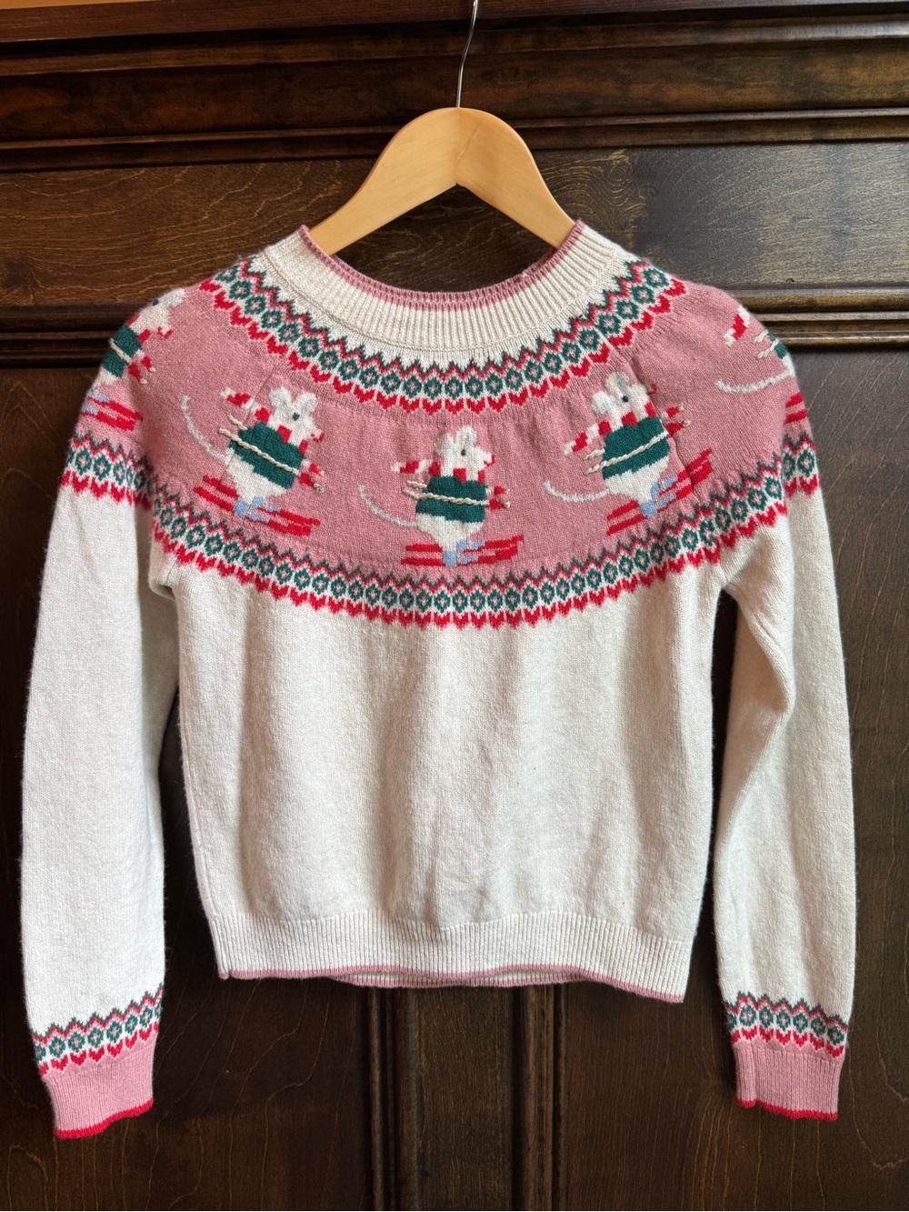 Mini Boden Cream and Pink Fair Isle Mouse Ski Sweater